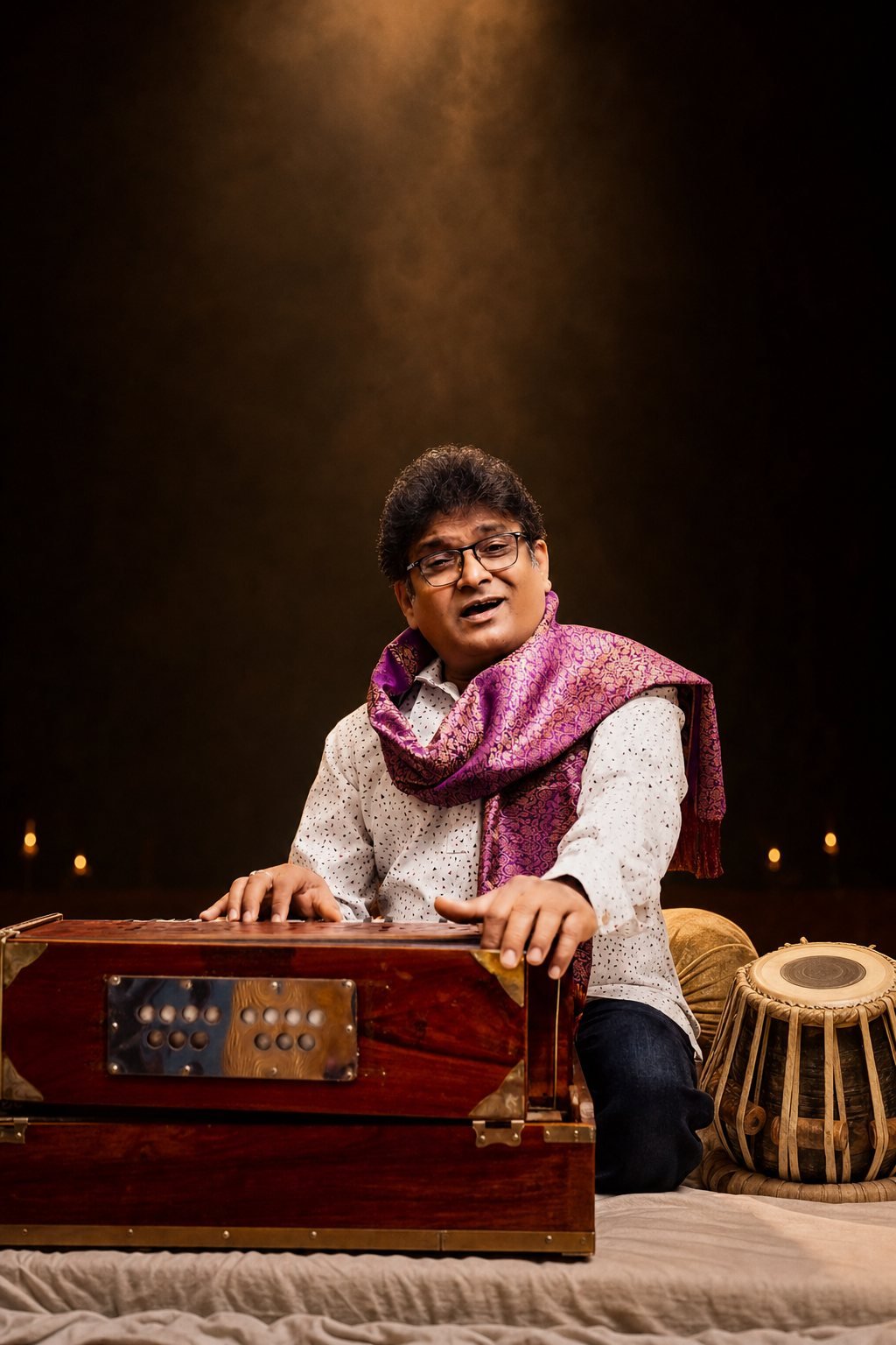 Sanjay Banubakode at the harmonium on a dark stage, white kurta and magenta stole, under an amber spotlight