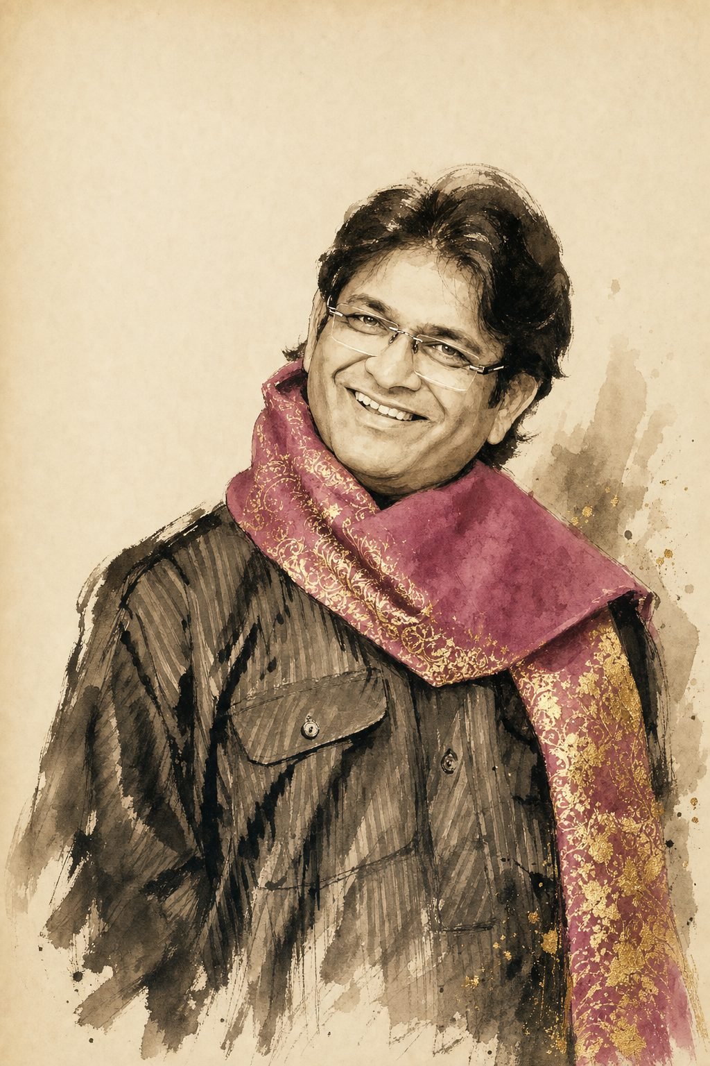 Ink-and-gold illustration of Sanjay Banubakode, after a 2018 photograph