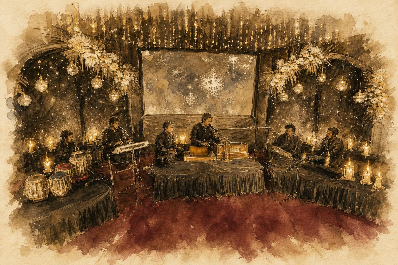 Ink-wash illustration of a candlelit mehfil: musicians seated with harmonium and tabla under a row of candles