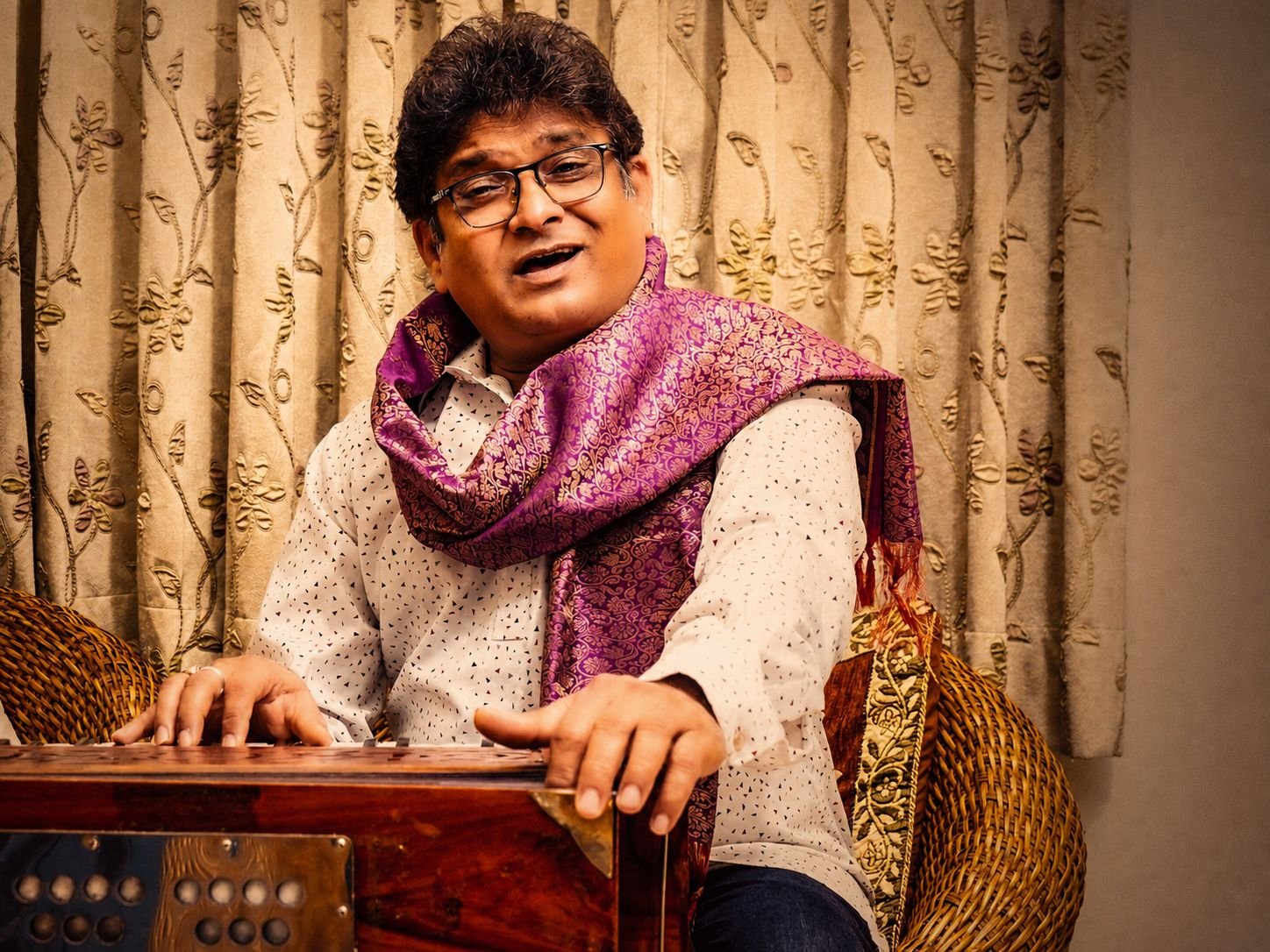 Sanjay Banubakode singing at the harmonium, white kurta and magenta stole, soft daylight