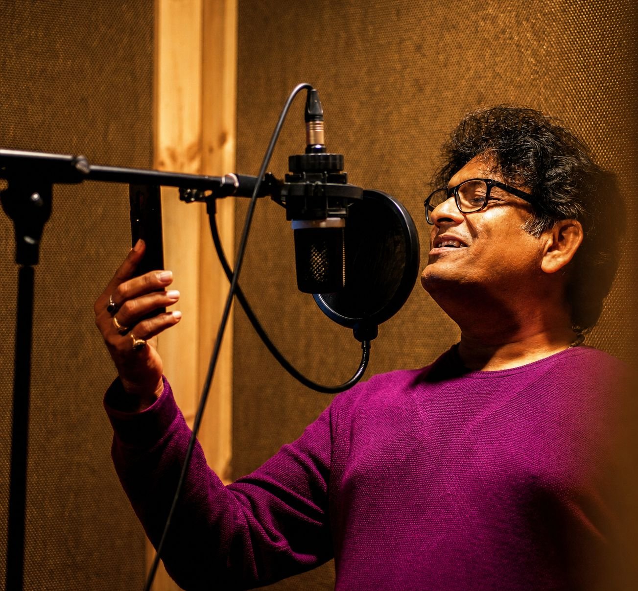 Sanjay Banubakode recording at a studio microphone in a magenta sweater, warm golden light