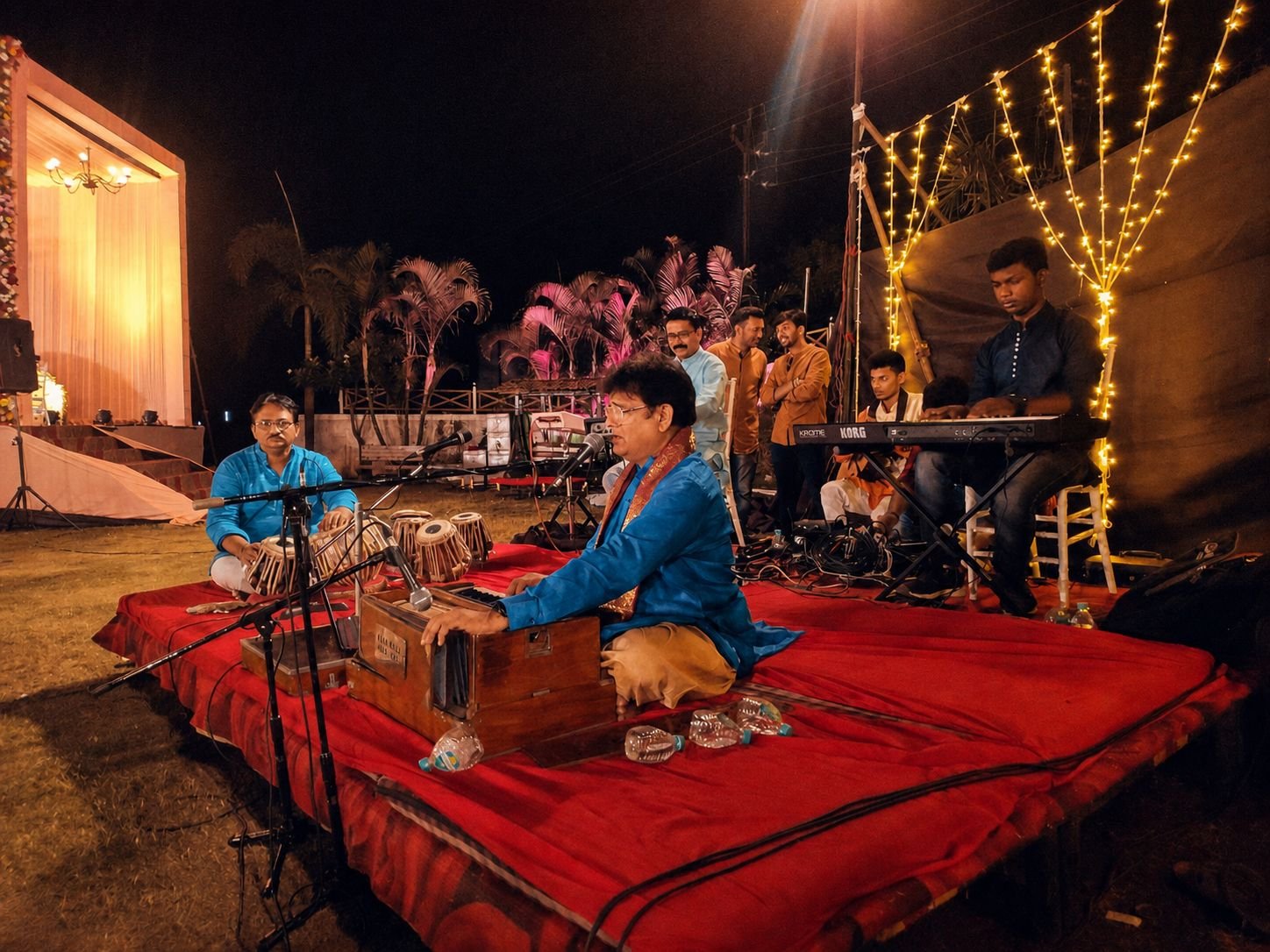 Sanjay Banubakode in a blue kurta on a red-draped stage, playing the harmonium
